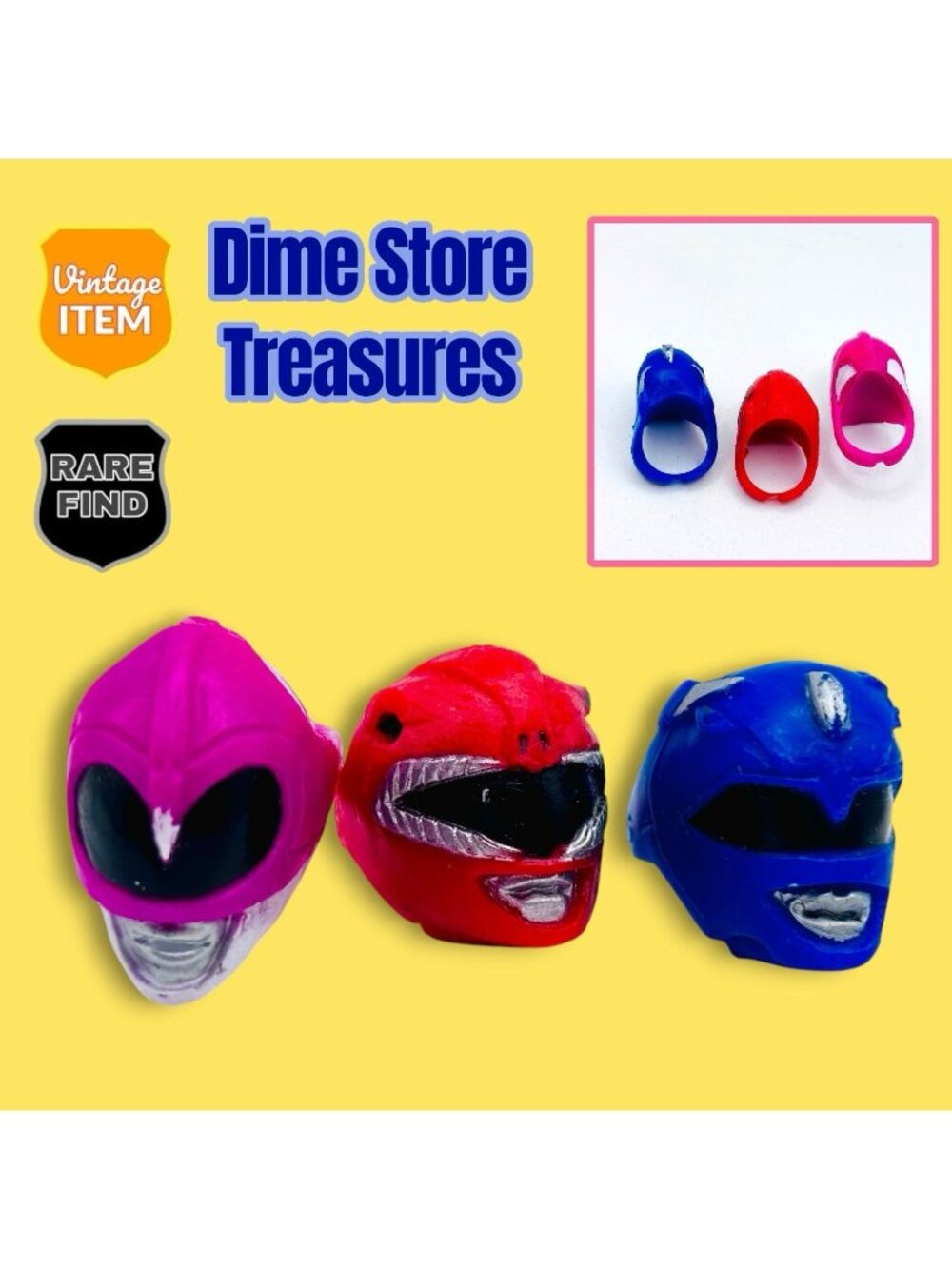Vintage Mighty Morphin Power Rangers Helmet Rings Plastic Set of 4 1993 MMPR